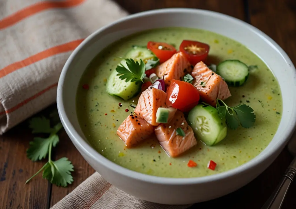 Cucumber & salmon soup with salsa